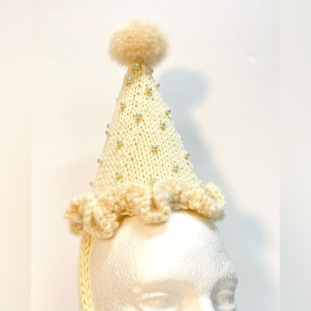 NWT Hand Knit Party Hat in Cream with Faux Pearls and Pom Pom One Size Fits Most